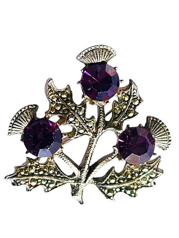 VINTAGE MIRACLE SCOTTISH CELTIC 3 THISTLE FLOWER PIN BROOCH WITH AMETHYST COLORED RHINESTONES