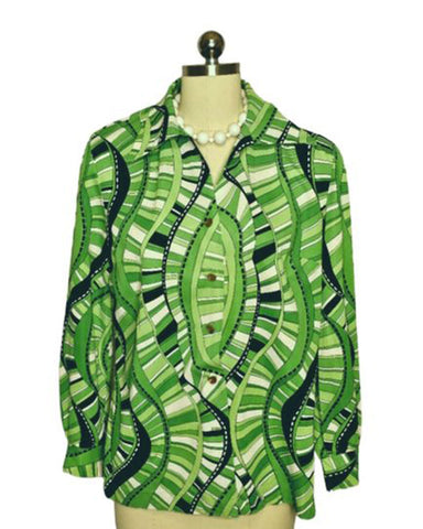 *   VINTAGE 60S PY KETTES LIME, BLACK AND WHITE ABSTRACT TOP GREEN TOP MULTI GREEN BLOUSE