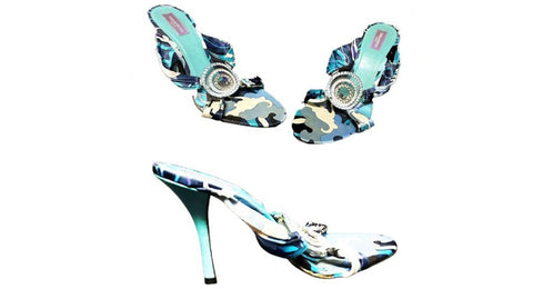 *BEAUTIFUL EMILIO PUCCI FAMOUS COLORS OF TURQUOISE & PURPLE SATIN HEELS / MULES WITH SPARKLING RHINESTONES & SIGNATURE