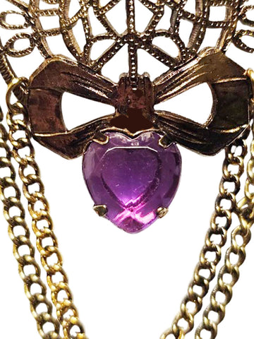 VINTAGE PURPLE FACETED RHINESTONE HEART PIN BROACH WITH FILAGREE BOW AND CHAINS