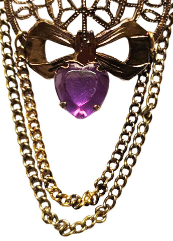 VINTAGE PURPLE FACETED RHINESTONE HEART PIN BROACH WITH FILAGREE BOW AND CHAINS