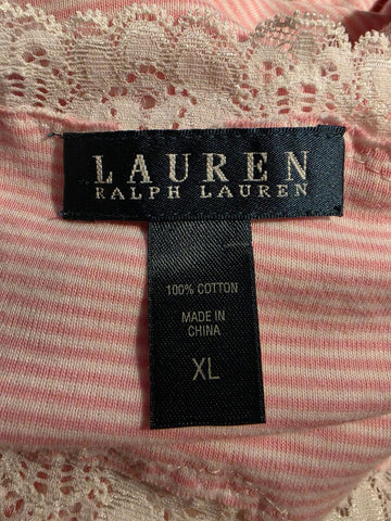 Ralph Lauren Pink & White Striped Cotton Nightgown with Lace & Embroidered Logo – L/XL