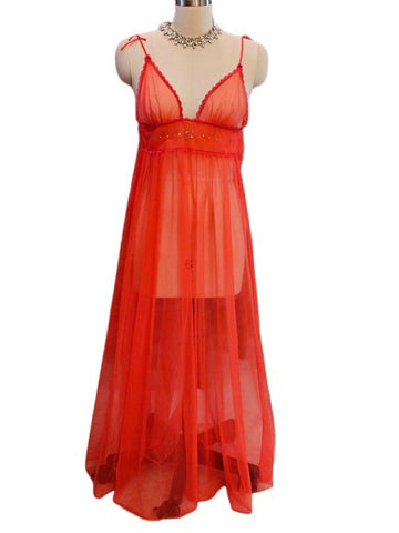 VINTAGE CORAL SHEER NYLON NIGHTGOWN - RHINESTONE CUMMERBUND LACE TRIM - FULL SKIRT