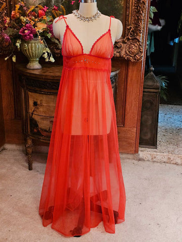 VINTAGE CORAL SHEER NYLON NIGHTGOWN - RHINESTONE CUMMERBUND LACE TRIM - FULL SKIRT