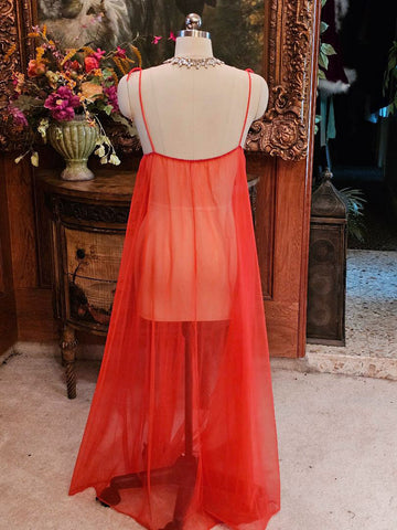 VINTAGE CORAL SHEER NYLON NIGHTGOWN - RHINESTONE CUMMERBUND LACE TRIM - FULL SKIRT