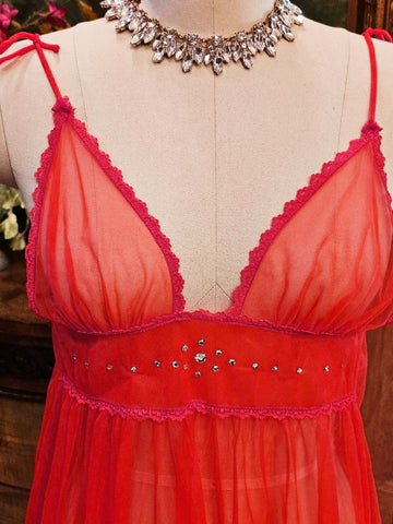VINTAGE CORAL SHEER NYLON NIGHTGOWN - RHINESTONE CUMMERBUND LACE TRIM - FULL SKIRT