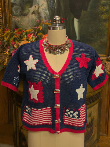 VINTAGE 80s/90s PATRIOTIC STARS & STRIPES CARDIGAN – RAMIE COTTON AMERICANA KNIT – RED LIPS TAG – SMALL/MEDIUM