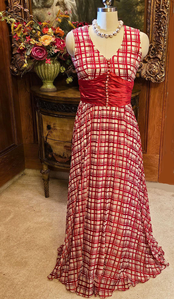 VINTAGE LATE 1960S EARLY 1970S RED AND WHITE PLAID PLEATED EVENING GOW Vintage Clothing & Fashions | Midnight Glamour VINTAGE LATE 1960S EARLY 1970S RED AND WHITE PLAID PLEATED EVENING GOW Vintage Clothing & Fashions | Midnight Glamour