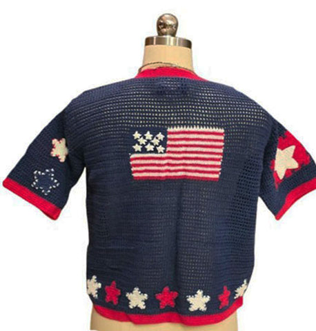 VINTAGE 80s/90s PATRIOTIC STARS & STRIPES CARDIGAN – RAMIE COTTON AMERICANA KNIT – RED LIPS TAG – SMALL/MEDIUM