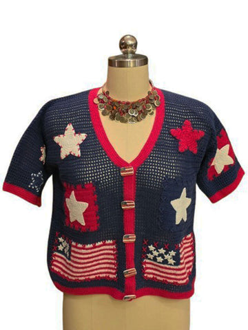 VINTAGE 80s/90s PATRIOTIC STARS & STRIPES CARDIGAN – RAMIE COTTON AMERICANA KNIT – RED LIPS TAG – SMALL/MEDIUM