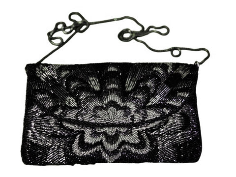 VINTAGE MOONLIGHT SPARKLE REGALE LTD. BEADED EVENING PURSE IN BLACK, SILVER & SMOKE