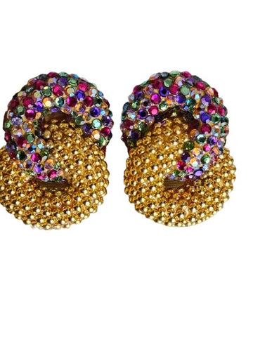 VINTGE 1970s RICHARD KERR SPARKLING MULTI-COLORED & GOLD-TONE CRYSTAL DOUBLE LOOP CLIP ON EARRINGS