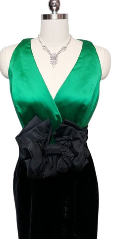 VINTAGE RIMINI EMERALD SATIN & BLACK VELVET EVENING GOWN - GORGEOUS COLOR COMBINATION!