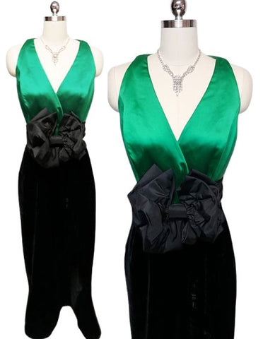 VINTAGE RIMINI EMERALD SATIN & BLACK VELVET EVENING GOWN - GORGEOUS COLOR COMBINATION!