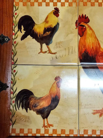 VINTAGE ROOSTER CERAMIC TILE AND WOOD TRAY OR TILES FOR BEHIND STOVE OR ROOSTER COASTERS