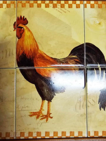 VINTAGE ROOSTER CERAMIC TILE AND WOOD TRAY OR TILES FOR BEHIND STOVE OR ROOSTER COASTERS