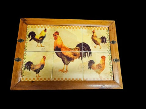 VINTAGE ROOSTER CERAMIC TILE AND WOOD TRAY OR TILES FOR BEHIND STOVE OR ROOSTER COASTERS