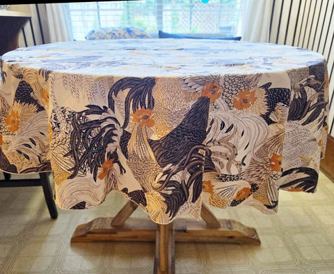 VINTAGE ROOSTER TABLECLOTH FARMHOUSE KITCHEN ROUND 66 DIAMETER- RUSTIC COUNTRY DECOR