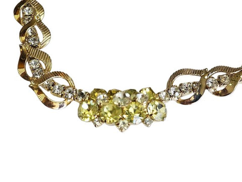 VINTAGE SARAH COVENTRY CHUNKY LEMON COLORED AND CLEAR RHINESTONE SIGNED NECKLACE