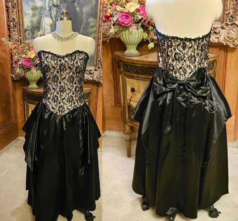 VINTAGE SCOTT MCCLINTOCK STRAPLESS SATIN LACE ILLUSION SEQUIN EVENING GOWN WITH HUGE BOW & CRINOLINE