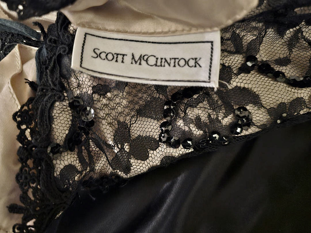 scott mcclintock black dress Vintage 80s Scott Mcclintock Prom Dress: Black Brocade, Cream Floral