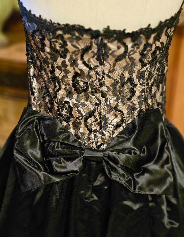 black jessica mcclintock dress VINTAGE SCOTT MCCLINTOCK STRAPLESS SATIN LACE ILLUSION SEQUIN EVENING – Vintage Clothing & Fashions