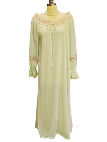 VINTAGE 1950S 1960S ECRU COTTON LACE NYLON NIGHTGOWN WITH LARGE LACE SLEEVES IN NEPTUNE GREEN