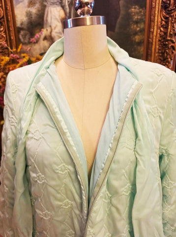 VINTAGE 1960S QUILTED SATINY ROBE WITH LARGE BOW IN SEAFOAM