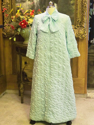 VINTAGE 1960S QUILTED SATINY ROBE WITH LARGE BOW IN SEAFOAM