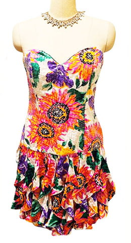 VINTAGE FLORAL SEQUIN SWEETHEART NECKLINE BIAS FLOUNCE SILK PARTY DRESS