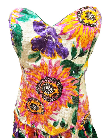 VINTAGE FLORAL SEQUIN SWEETHEART NECKLINE BIAS FLOUNCE SILK PARTY DRESS