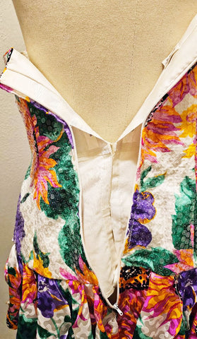 VINTAGE FLORAL SEQUIN SWEETHEART NECKLINE BIAS FLOUNCE SILK PARTY DRESS