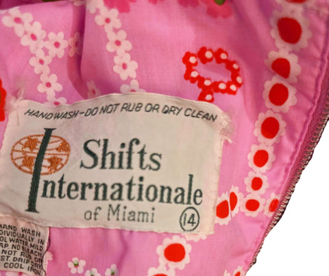 VINTAGE 1960S SHIFTS INTERNATIONALE MIAMI MOD SHIFT DRESS - LACE TRIM-  PINK KEY MOTIFF