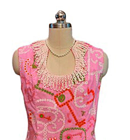 VINTAGE 1960S SHIFTS INTERNATIONALE MIAMI MOD SHIFT DRESS - LACE TRIM-  PINK KEY MOTIFF