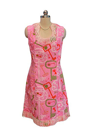 VINTAGE 1960S SHIFTS INTERNATIONALE MIAMI MOD SHIFT DRESS - LACE TRIM-  PINK KEY MOTIFF