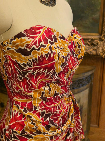 VINTAGE SCARLET & GOLD SILK SARONG DRESS – SWEETHEART NECKLINE - BOW W SIDE DRAPE