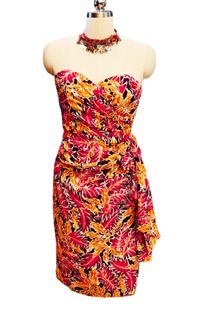 VINTAGE SCARLET & GOLD SILK SARONG DRESS – SWEETHEART NECKLINE - BOW W SIDE DRAPE