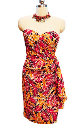 VINTAGE NEW SCARLET & GOLD SILK SARONG DRESS – SWEETHEART NECKLINE - BOW WTH SIDE BIAS CUT DRAPE