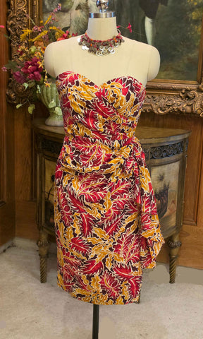 VINTAGE NEW SCARLET & GOLD SILK SARONG DRESS – SWEETHEART NECKLINE - BOW WTH SIDE BIAS CUT DRAPE