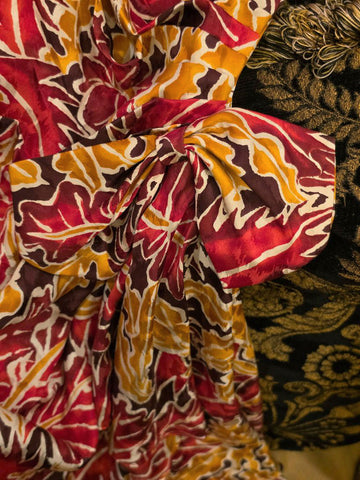 VINTAGE NEW SCARLET & GOLD SILK SARONG DRESS – SWEETHEART NECKLINE - BOW WTH SIDE BIAS CUT DRAPE