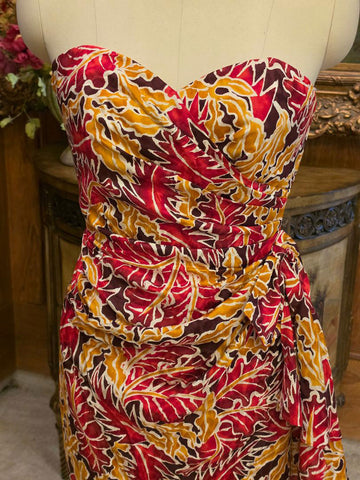 VINTAGE NEW SCARLET & GOLD SILK SARONG DRESS – SWEETHEART NECKLINE - BOW WTH SIDE BIAS CUT DRAPE