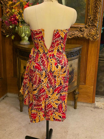 VINTAGE NEW SCARLET & GOLD SILK SARONG DRESS – SWEETHEART NECKLINE - BOW WTH SIDE BIAS CUT DRAPE