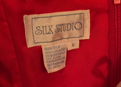 VINTAGE NEW SCARLET & GOLD SILK SARONG DRESS – SWEETHEART NECKLINE - BOW WTH SIDE BIAS CUT DRAPE