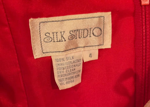 VINTAGE SCARLET & GOLD SILK SARONG DRESS – SWEETHEART NECKLINE - BOW W SIDE DRAPE