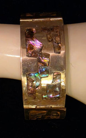 VINTAGE ABALONE INLAY BRACELET MEXICO • 4 PANEL LINKS • OCEAN COLORS • SILVER TONE