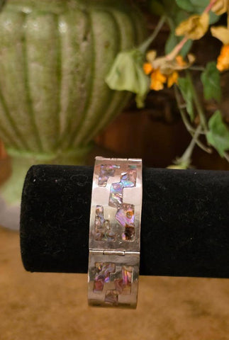 VINTAGE ABALONE INLAY BRACELET MEXICO • 4 PANEL LINKS • OCEAN COLORS • SILVER TONE