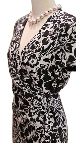 VINTAGE BLACK & WHITE SILK FLORAL AND LEAF WRAP MAXI DRESS SARONG WITH RUFFLES ON EDGE OF SKIRT