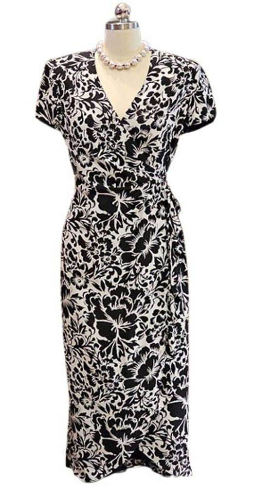 VINTAGE BLACK & WHITE SILK FLORAL AND LEAF WRAP MAXI DRESS SARONG WITH RUFFLES ON EDGE OF SKIRT