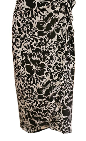 VINTAGE BLACK & WHITE SILK FLORAL AND LEAF WRAP MAXI DRESS SARONG WITH RUFFLES ON EDGE OF SKIRT