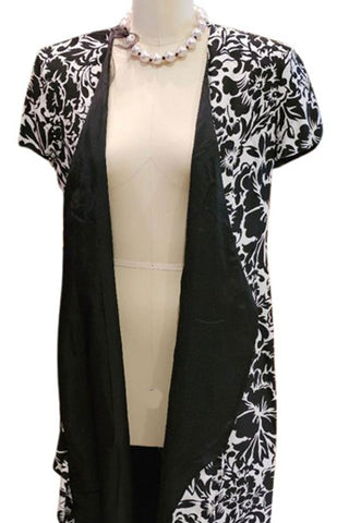 VINTAGE BLACK & WHITE SILK FLORAL AND LEAF WRAP MAXI DRESS SARONG WITH RUFFLES ON EDGE OF SKIRT